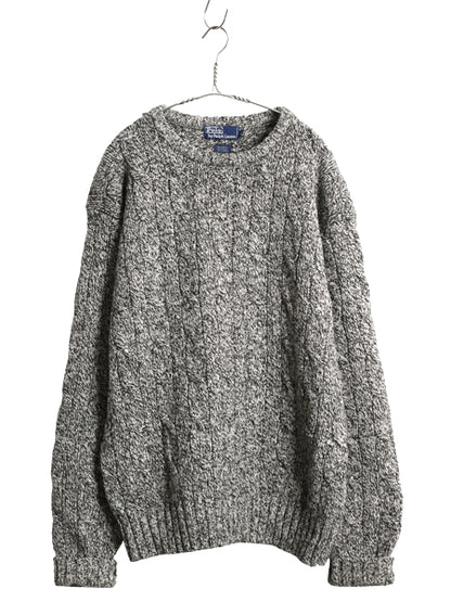 90s ポロ ラルフローレン 杢編み ケーブル ニット セーター メンズ L オールド ウール シルク リネン ヘビーウェイト 無地 黒 灰 シンプル