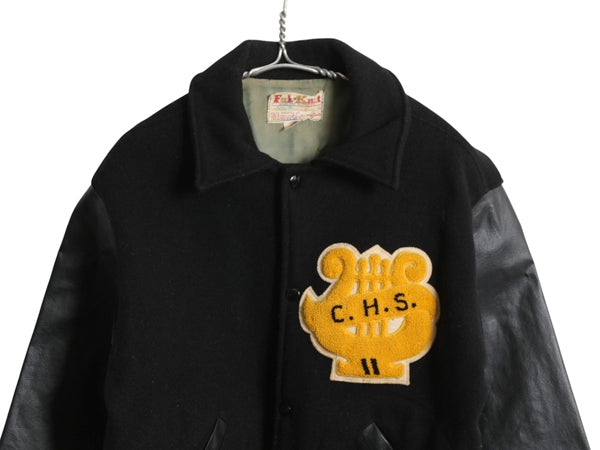 60s USA製 ★ HOLT'S 袖 レザー ウール スタジャン 38 メンズ M 程 ヴィンテージ サガラ ワッペン 襟付き アワード ジャケット ブルゾン 黒