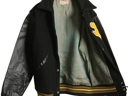 60s USA製 ★ HOLT'S 袖 レザー ウール スタジャン 38 メンズ M 程 ヴィンテージ サガラ ワッペン 襟付き アワード ジャケット ブルゾン 黒