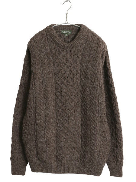 アイランド製 オービス フィッシャーマン ニット セーター メンズ M 古着 アラン ケーブル コットン ウール シンプル 無地 ローゲージ 茶