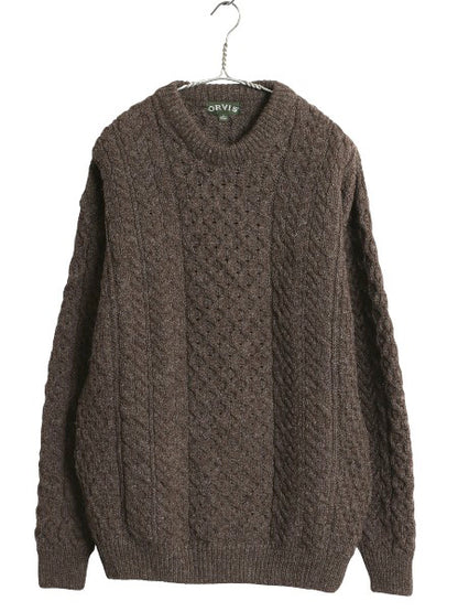 アイランド製 オービス フィッシャーマン ニット セーター メンズ M 古着 アラン ケーブル コットン ウール シンプル 無地 ローゲージ 茶