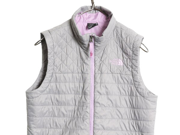 ノースフェイス 中綿 ナイロン ベスト キッズ XL レディース M 程/ アウトドア 重ね着 前開き フルジップ ハイネック キルティング グレー