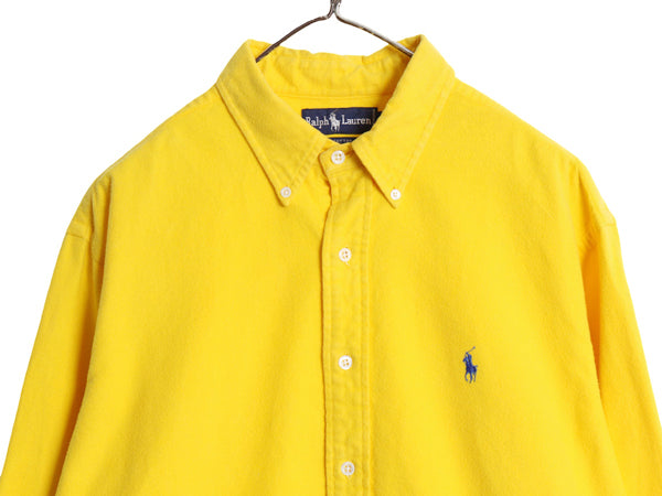 90s ラルフローレン シャモア クロス 長袖 ボタンダウン シャツ メンズ XL オールド ポロ ネルシャツ ワンポイント ポニー 大きいサイズ 黄