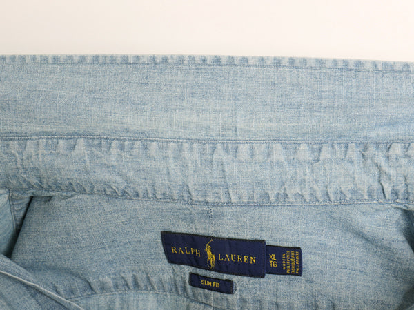 ラルフローレン ボタンダウン 長袖 シャンブレー シャツ メンズ XL ポロ SLIM FIT コットン ワンポイント ポニー 無地 大きいサイズ ブルー