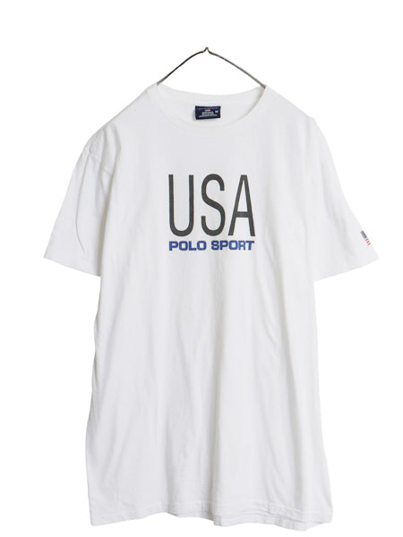 90s USA製 ポロスポーツ ラルフローレン プリント 半袖 Tシャツ メンズ M オールド ポロ 星条旗 カットソー クルーネック シングルステッチ