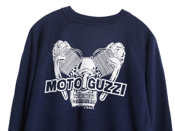 70s USA製 モト グッツィ イラスト プリント スウェット L 小さめ メンズ S 程 ヴィンテージ バイク グラフィック トレーナー 裏起毛 紺