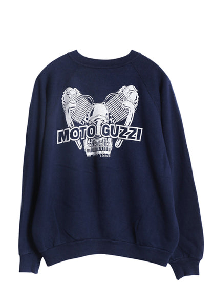 70s USA製 モト グッツィ イラスト プリント スウェット L 小さめ メンズ S 程 ヴィンテージ バイク グラフィック トレーナー 裏起毛 紺