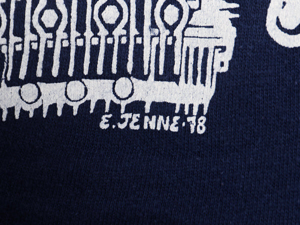 70s USA製 モト グッツィ イラスト プリント スウェット L 小さめ メンズ S 程 ヴィンテージ バイク グラフィック トレーナー 裏起毛 紺