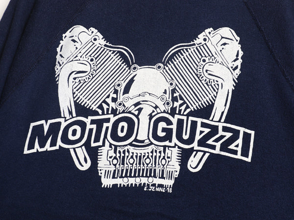 70s USA製 モト グッツィ イラスト プリント スウェット L 小さめ メンズ S 程 ヴィンテージ バイク グラフィック トレーナー 裏起毛 紺