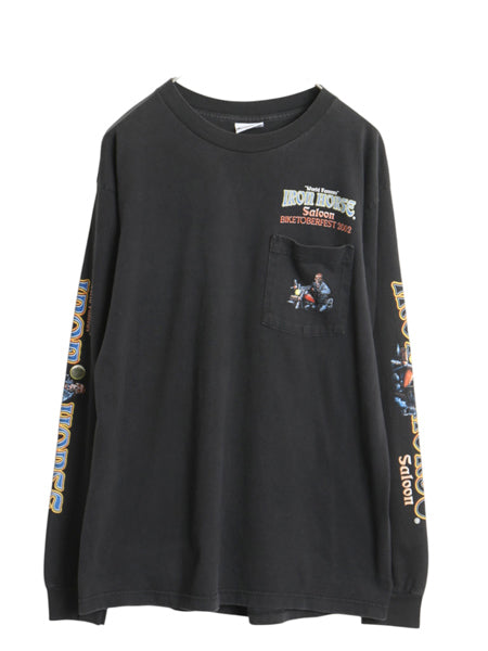 00s 全面 イラスト プリント 長袖 Tシャツ メンズ L オールド ロンT バイク ハーレー スカル ピンナップガール 袖プリント ポケット付き 黒