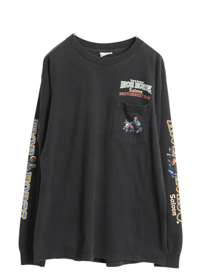 00s 全面 イラスト プリント 長袖 Tシャツ メンズ L オールド ロンT バイク ハーレー スカル ピンナップガール 袖プリント ポケット付き 黒