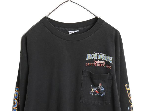 00s 全面 イラスト プリント 長袖 Tシャツ メンズ L オールド ロンT バイク ハーレー スカル ピンナップガール 袖プリント ポケット付き 黒