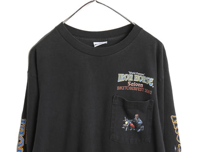 00s 全面 イラスト プリント 長袖 Tシャツ メンズ L オールド ロンT バイク ハーレー スカル ピンナップガール 袖プリント ポケット付き 黒