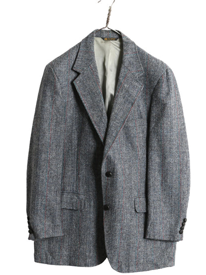80s USA製 ハリスツイード テーラード ジャケット メンズ L 程/ ヴィンテージ ブレザー ウール ツイード ストライプ トラッド シンプル 灰