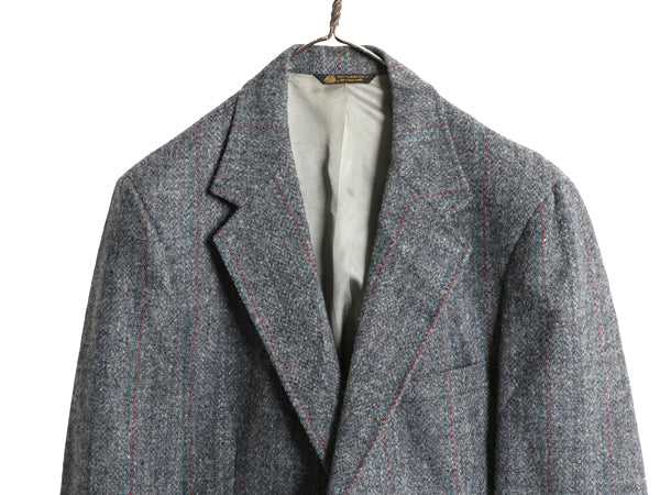 80s USA製 ハリスツイード テーラード ジャケット メンズ L 程/ ヴィンテージ ブレザー ウール ツイード ストライプ トラッド シンプル 灰