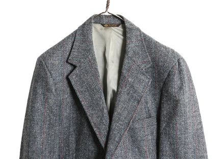 80s USA製 ハリスツイード テーラード ジャケット メンズ L 程/ ヴィンテージ ブレザー ウール ツイード ストライプ トラッド シンプル 灰