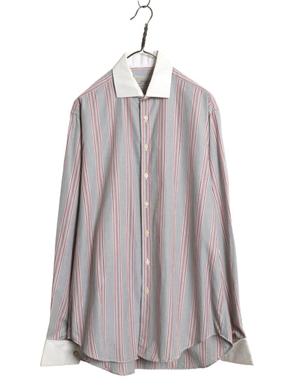 80s 90s イギリス製 ★ アクアスキュータム ストライプ クレリック シャツ メンズ L 程/ 古着 ダブルカフス ドレス フォーマル コットン 白