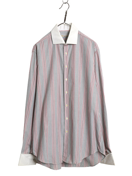 80s 90s イギリス製 ★ アクアスキュータム ストライプ クレリック シャツ メンズ L 程/ 古着 ダブルカフス ドレス フォーマル コットン 白