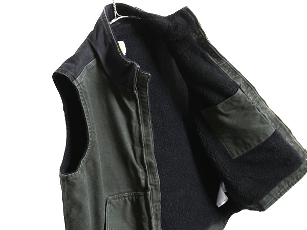 US企画 カーハート モックネック ダック ベスト メンズ L 裏 ボア パイル フリース フルジップ ワーク 重ね着 前開き モス グリーン 黒 MOS