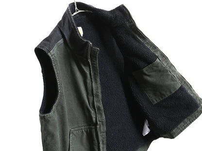 US企画 カーハート モックネック ダック ベスト メンズ L 裏 ボア パイル フリース フルジップ ワーク 重ね着 前開き モス グリーン 黒 MOS