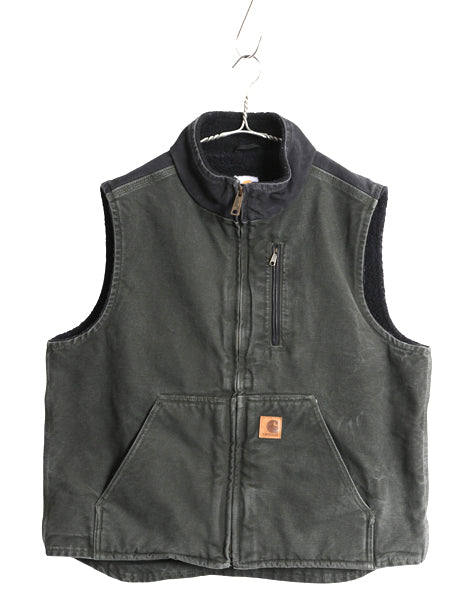 US企画 カーハート モックネック ダック ベスト メンズ L 裏 ボア パイル フリース フルジップ ワーク 重ね着 前開き モス グリーン 黒 MOS