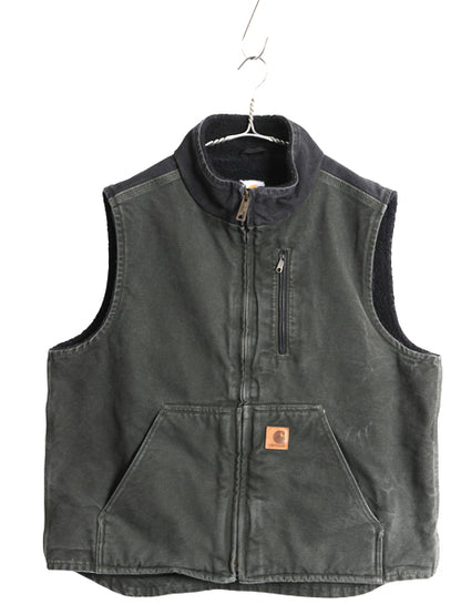 US企画 カーハート モックネック ダック ベスト メンズ L 裏 ボア パイル フリース フルジップ ワーク 重ね着 前開き モス グリーン 黒 MOS