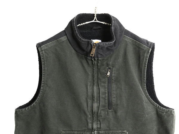 US企画 カーハート モックネック ダック ベスト メンズ L 裏 ボア パイル フリース フルジップ ワーク 重ね着 前開き モス グリーン 黒 MOS