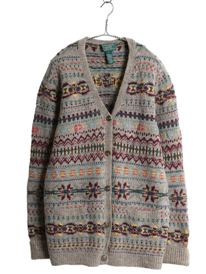 00s ローレン ラルフローレン フェアアイル ニット カーディガン レディース L オールド ポロ ハンドメイド  前開き 羽織りラムウール 総柄