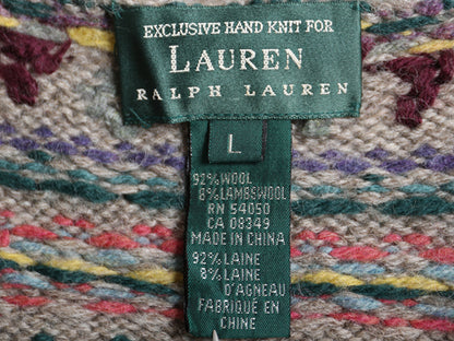 00s ローレン ラルフローレン フェアアイル ニット カーディガン レディース L オールド ポロ ハンドメイド  前開き 羽織りラムウール 総柄