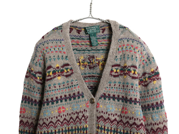 00s ローレン ラルフローレン フェアアイル ニット カーディガン レディース L オールド ポロ ハンドメイド  前開き 羽織りラムウール 総柄