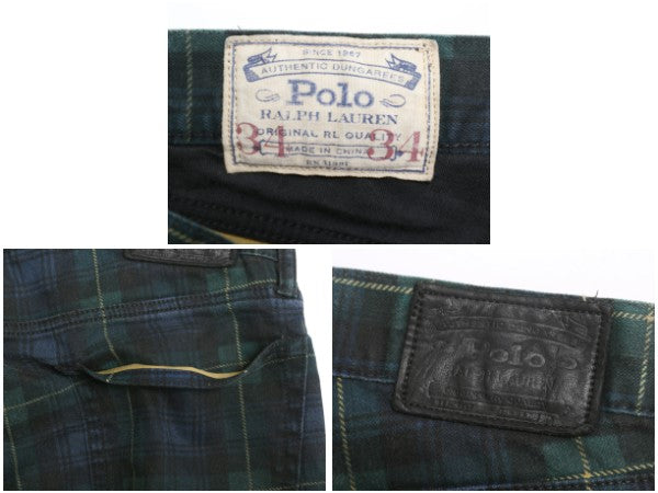 ポロ ラルフローレン チェック コットン パンツ メンズ 34 34 / ブラックウォッチ スリム ストレート ストレッチ 革パッチ ボトムス 細身