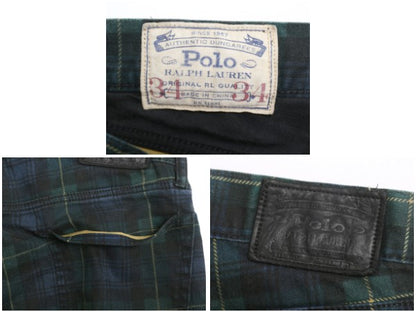 ポロ ラルフローレン チェック コットン パンツ メンズ 34 34 / ブラックウォッチ スリム ストレート ストレッチ 革パッチ ボトムス 細身