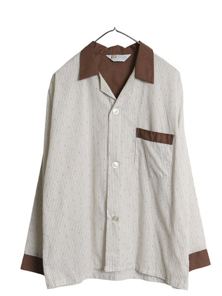 デッドストック 70's USA製 Deluxe Pajama オープンカラー 長袖 パジャマ シャツ メンズ M / ヴィンテージ 総柄 ストライプ 開襟 ボックス 