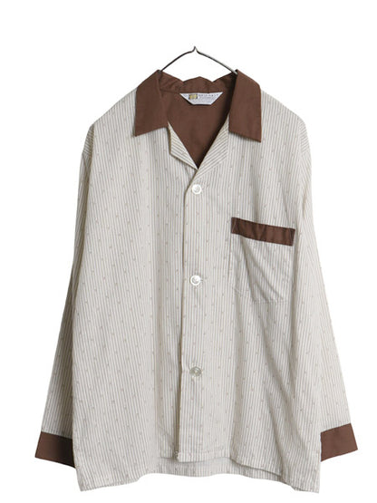 デッドストック 70's USA製 Deluxe Pajama オープンカラー 長袖 パジャマ シャツ メンズ M / ヴィンテージ 総柄 ストライプ 開襟 ボックス 