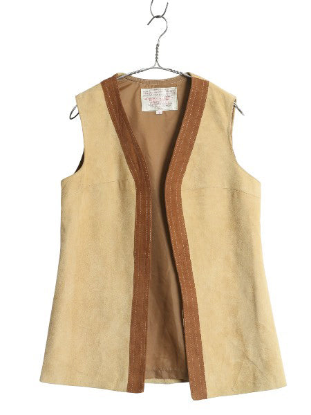 70s シアーズ 本革 ヌバック レザー ロング ベスト レディース M ヴィンテージ ライナー付き 重ね着 羽織り 前開き ツートン フォークロア