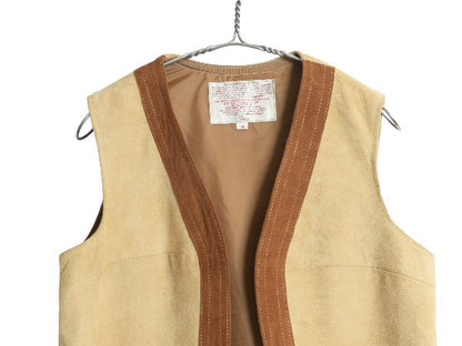 70s シアーズ 本革 ヌバック レザー ロング ベスト レディース M ヴィンテージ ライナー付き 重ね着 羽織り 前開き ツートン フォークロア