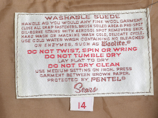 70s シアーズ 本革 ヌバック レザー ロング ベスト レディース M ヴィンテージ ライナー付き 重ね着 羽織り 前開き ツートン フォークロア