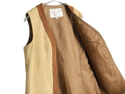 70s シアーズ 本革 ヌバック レザー ロング ベスト レディース M ヴィンテージ ライナー付き 重ね着 羽織り 前開き ツートン フォークロア