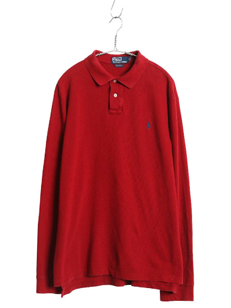 90s ポロ ラルフローレン 鹿の子 長袖 ポロシャツ メンズ XL オールド 長袖シャツ コットン カットソー ワンポイント 細身 大きいサイズ 赤