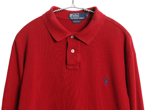 90s ポロ ラルフローレン 鹿の子 長袖 ポロシャツ メンズ XL オールド 長袖シャツ コットン カットソー ワンポイント 細身 大きいサイズ 赤