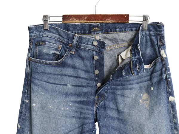 ポロ ラルフローレン デニム パンツ メンズ 34 32 ヴィンテージ ペンキ 加工 ジーンズ ジーパン スリム ストレート ヒゲ アタリ ハチノス