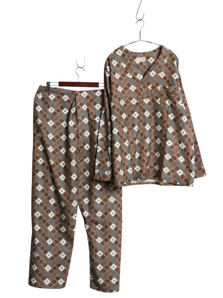 60s ★ 総柄 パジャマ セットアップ メンズ L / ヴィンテージ プリント フランネル イージー パンツ プルオーバー ノーカラー スリーピング