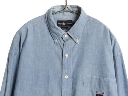 90s ラルフローレン ボタンダウン 長袖 シャンブレー シャツ メンズ XL オールド ポロ 100% コットン 長袖シャツ 大きいサイズ シンプル 青