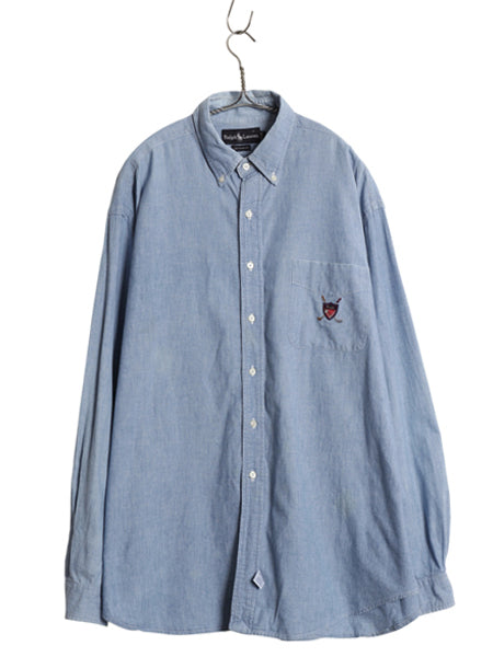 90s ラルフローレン ボタンダウン 長袖 シャンブレー シャツ メンズ XL オールド ポロ 100% コットン 長袖シャツ 大きいサイズ シンプル 青