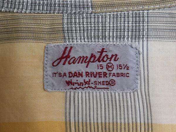 50s ★ Hampton チェック オープンカラー 半袖 シャツ メンズ M 古着 ヴィンテージ DAN RIVER 100% コットン ボックス ループ留め 開襟 黄