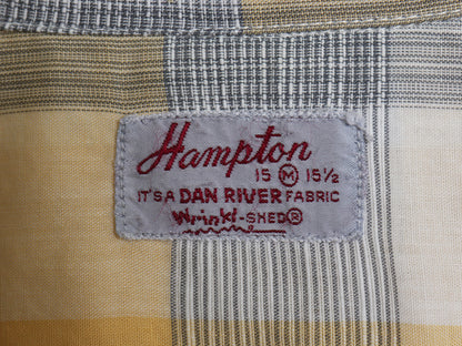 50s ★ Hampton チェック オープンカラー 半袖 シャツ メンズ M 古着 ヴィンテージ DAN RIVER 100% コットン ボックス ループ留め 開襟 黄