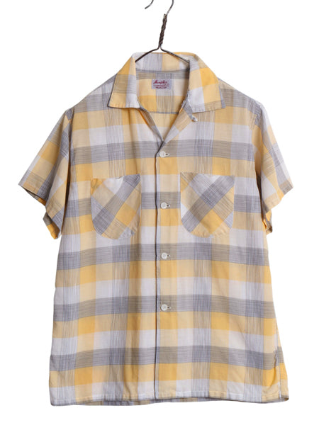 50s ★ Hampton チェック オープンカラー 半袖 シャツ メンズ M 古着 ヴィンテージ DAN RIVER 100% コットン ボックス ループ留め 開襟 黄