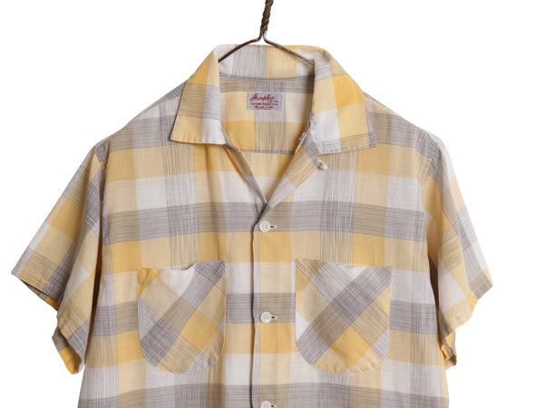 50s ★ Hampton チェック オープンカラー 半袖 シャツ メンズ M 古着 ヴィンテージ DAN RIVER 100% コットン ボックス ループ留め 開襟 黄