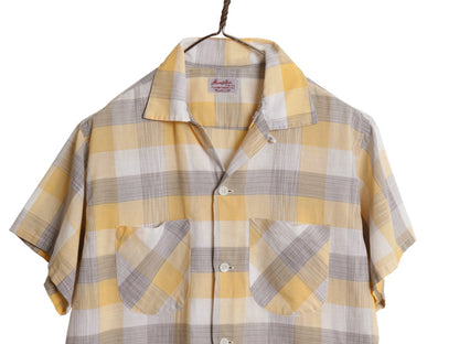 50s ★ Hampton チェック オープンカラー 半袖 シャツ メンズ M 古着 ヴィンテージ DAN RIVER 100% コットン ボックス ループ留め 開襟 黄