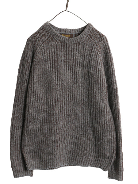 アイルランド製 チャンキー ニット セーター メンズ M / カシミヤ メリノ ウール リブ編み クルーネック 長袖ニット シンプル 無地 茶 灰